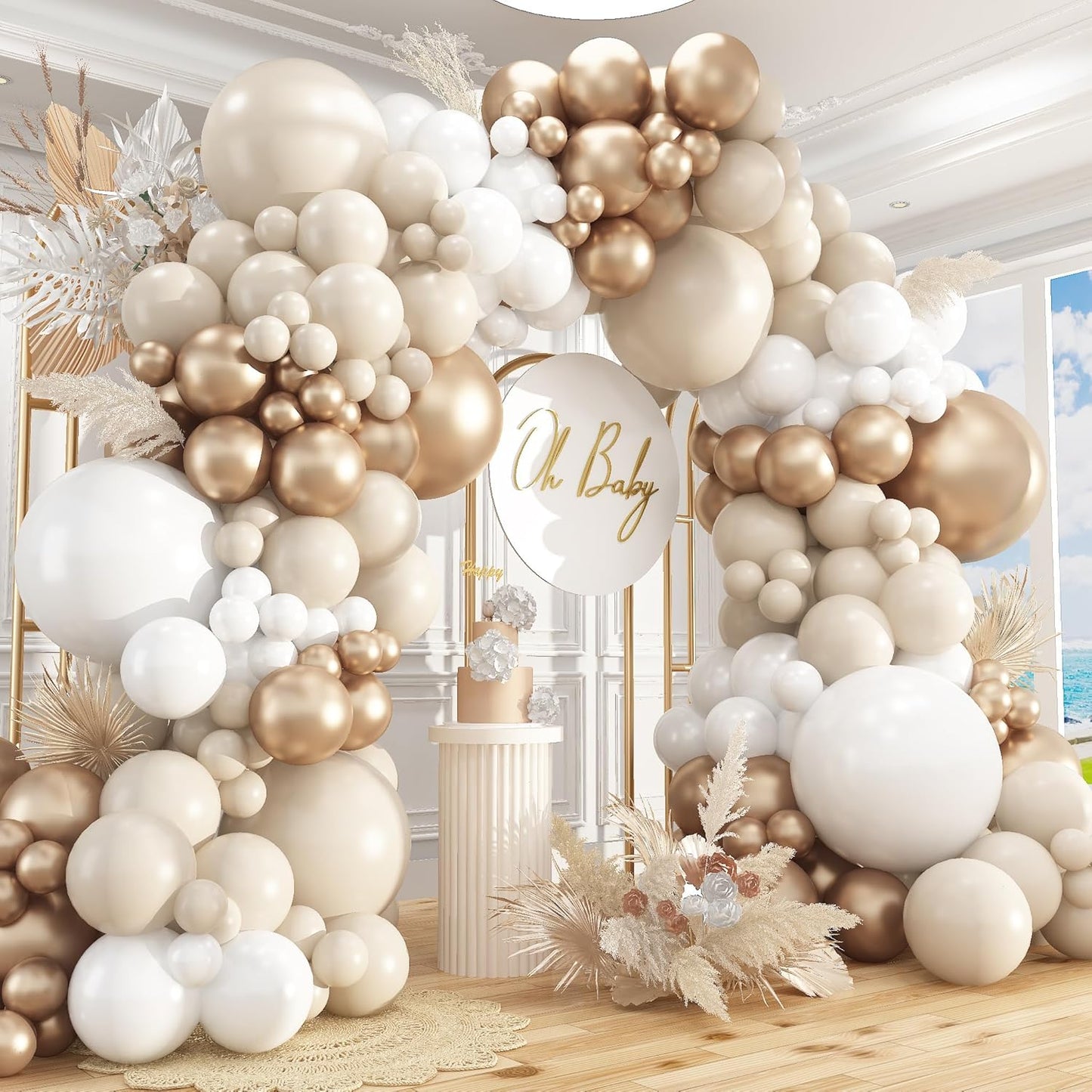 412Pcs White Sand Champagne Gold Balloon Arch Kit, Metallic Champagne Gold Neutral Balloons Garland for Boho Wedding Baby Shower Bridal Shower Engagement Anniversary Decorations