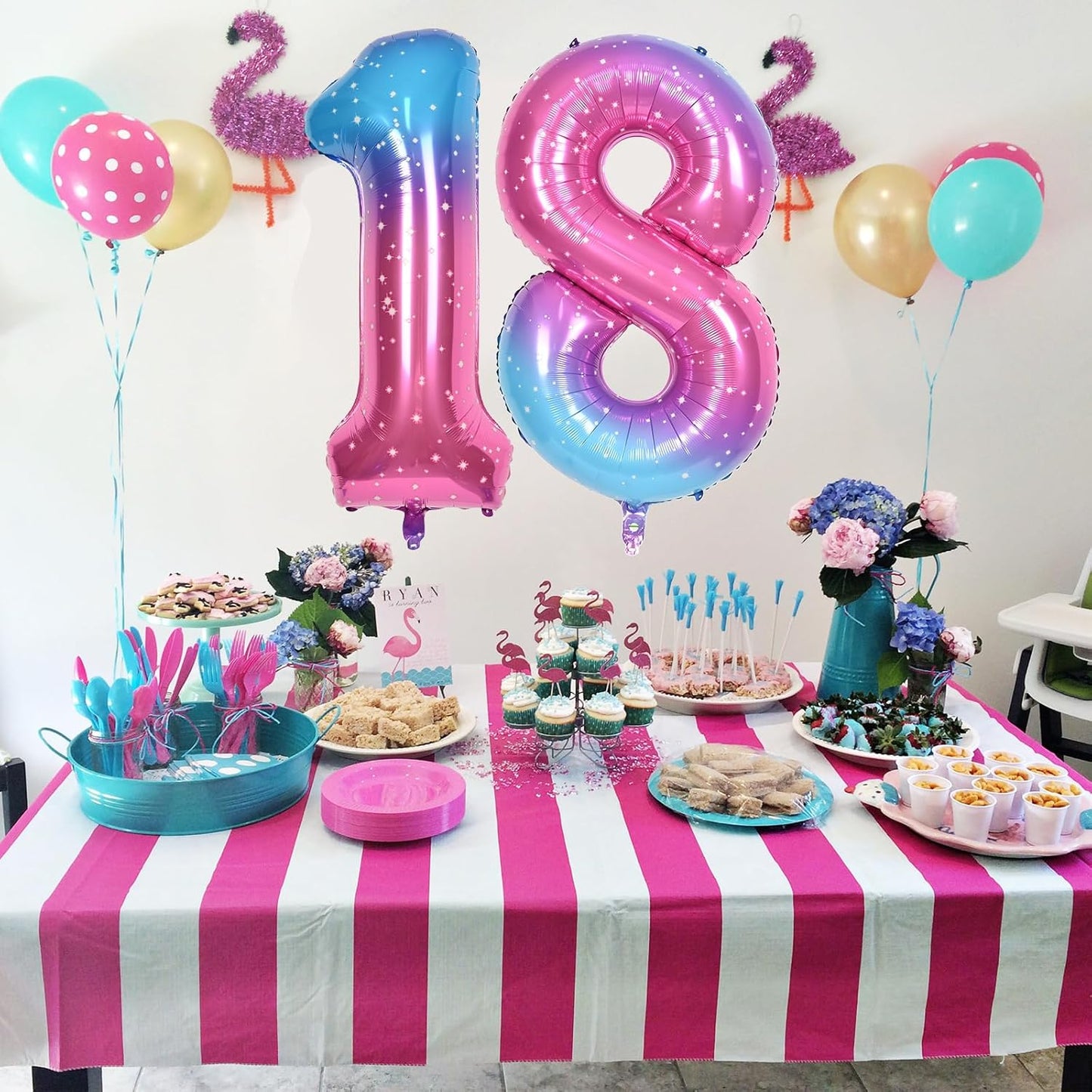 Gradient Blue Pink 2 Balloons, 40 Inch Giant Helium Foil Number 0-9 Rainbow 2th Birthday Balloon for Girls, Self Inflating Starry Digit 2 Balloons for Women Anniversary Party Decorations Supplies