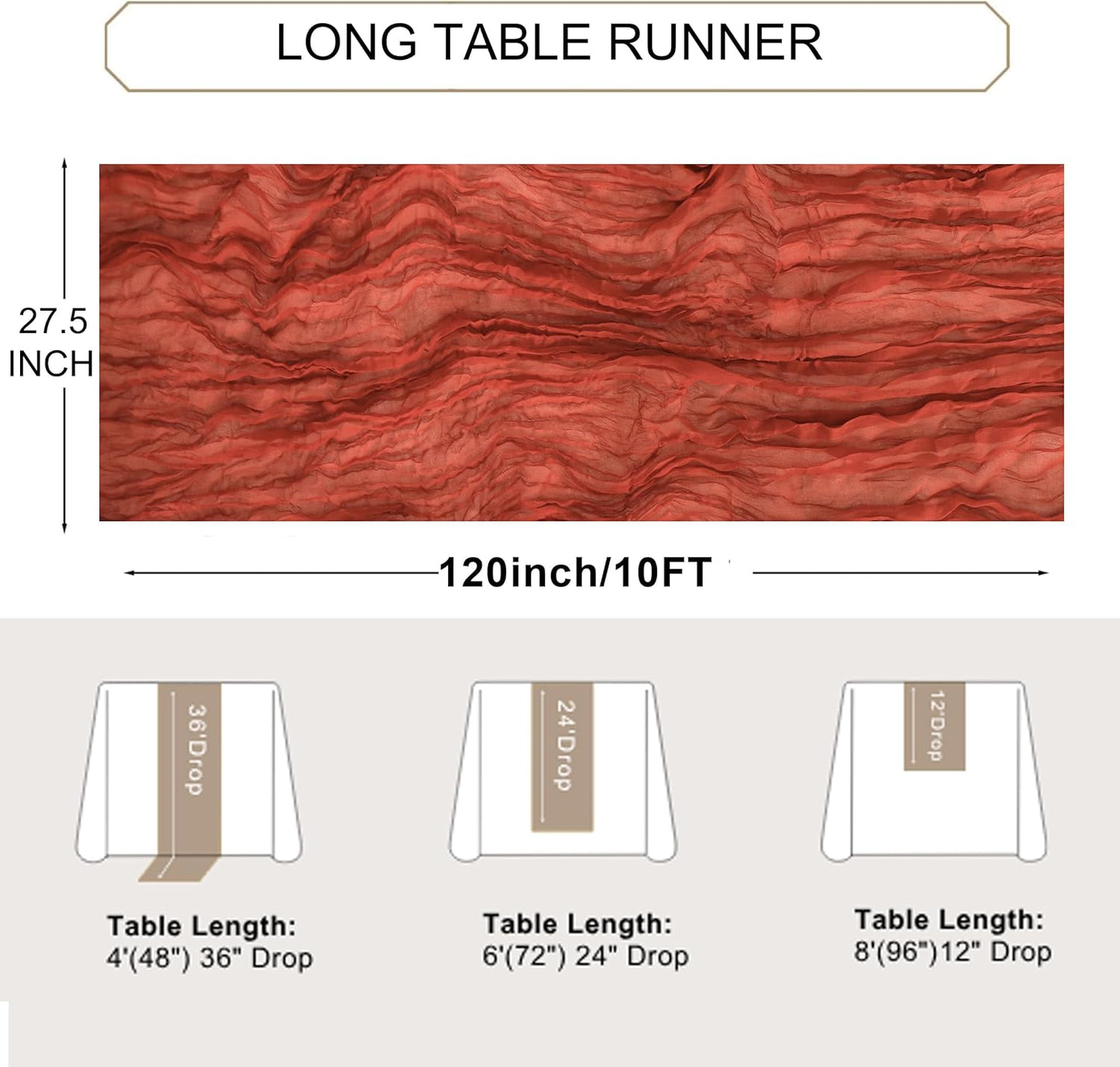 Snowkingdom 10 Ft Fall Table Runner Terracotta Cheesecloth, 120 inch Long Rust Burnt Orange Cheese Cloth Boho Gauze for Wedding Bridal Shower Rustic Sheer Thanksgiving Table Decorations