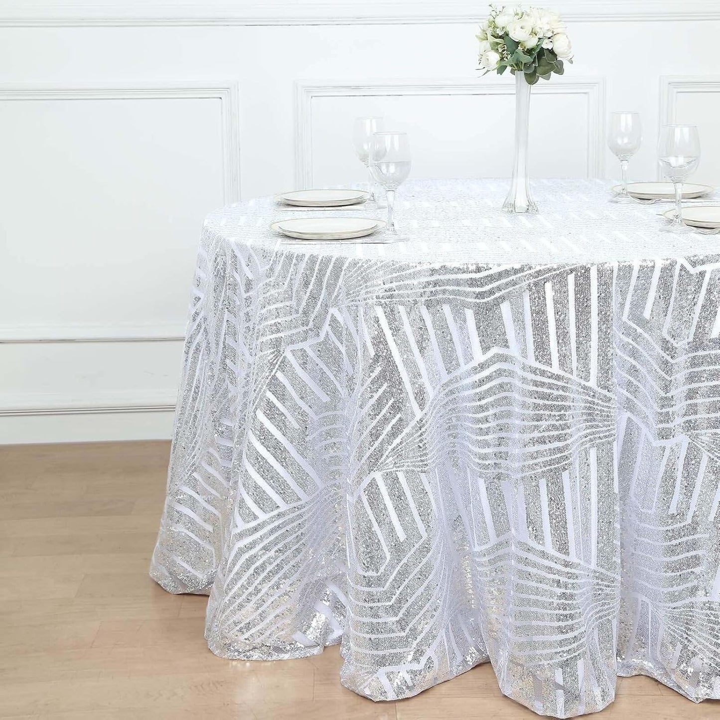 Efavormart 120" Silver Sparkly Sequin Geometric Tulle Round Tablecloth