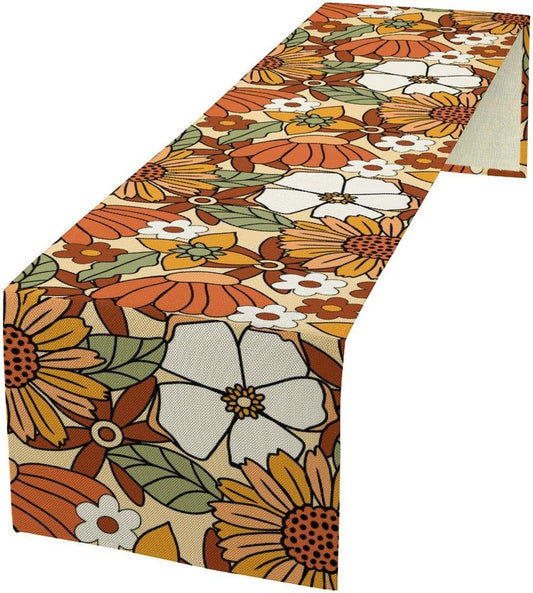 Vintage Floral Table Runner,Boho 70s Style Retro Flower Table Cloth Kitchen Dining Table Home Party Decoration 13x108 Inch