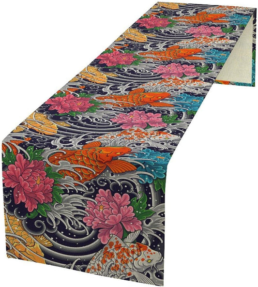 Japanese Retro Flowers Table Runner Oriental Tradition Kio Fish Art Printed Burlap Runner Home Kitchen Dining Table Living Room Decor Fabric 1 Panel W13xL108in