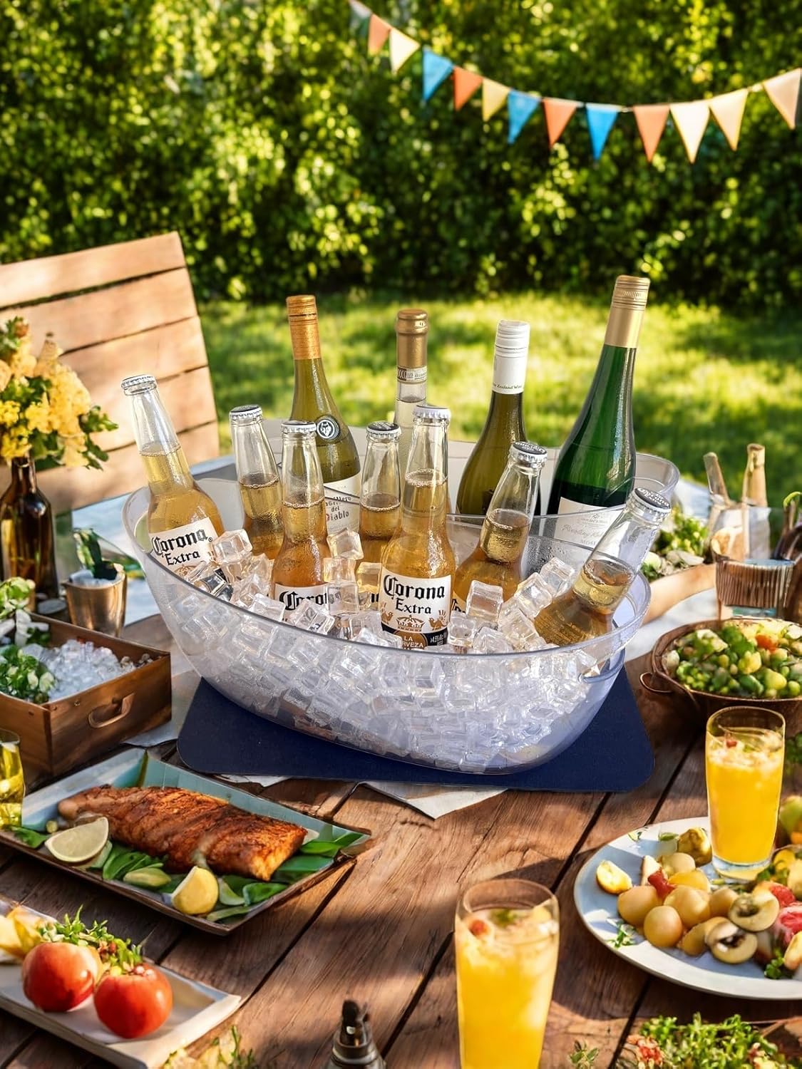 5.5L 16.7x6.4x7.3in Small Ice Bucket 2PCS with Drying Mat & Scoops for Parties, Mimosa Bar Supplies Beverage Tubs for Champagne Beer Sparkling Wine, Drink Cooler/Holder Food Grade Boat Shape