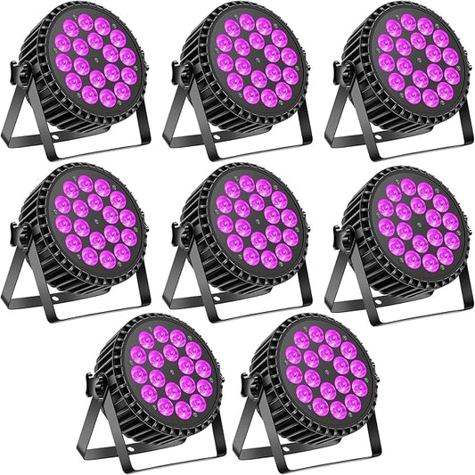 Par Can Lights Stage Lights, 18 LED 180W RGB+UV Uplights Stage Lighting Effect by DMX and Sound Control Stage Lighting for Party Bar Disco DJ Live Show Wedding (8 Packs)