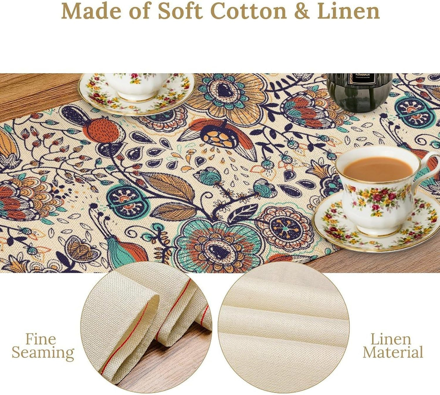 Boho Floral Table Runner,Vintage Flowers Tropical Plants Country Style Table Cloth Kitchen Dining Table Home Party Decoration 13x90 Inch