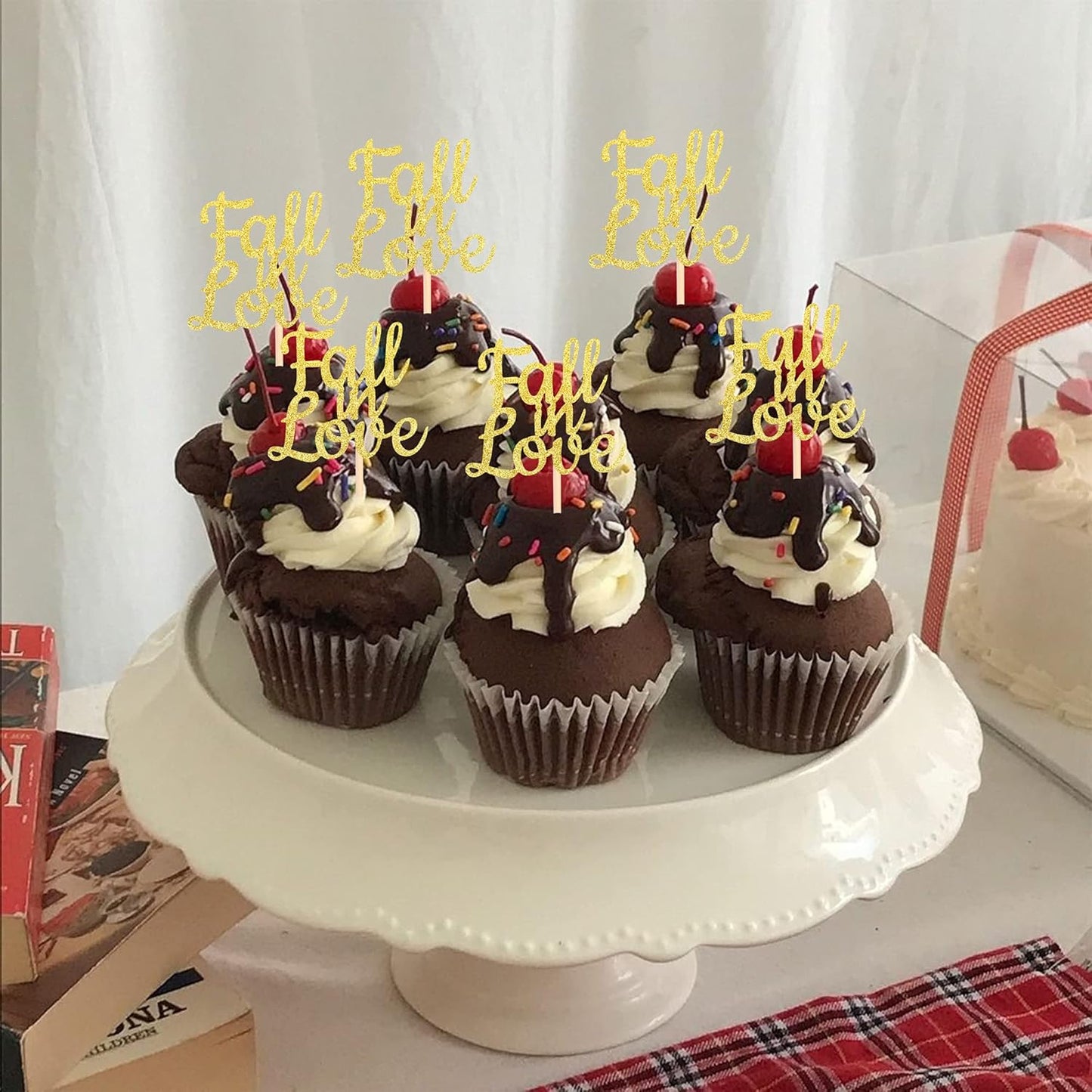 24 PCS Fall in Love Cupcake Toppers Glitter Bridal Shower Cupcake Picks Wedding Engagement Anniversary Birthday Party Cake Decorations Supplies