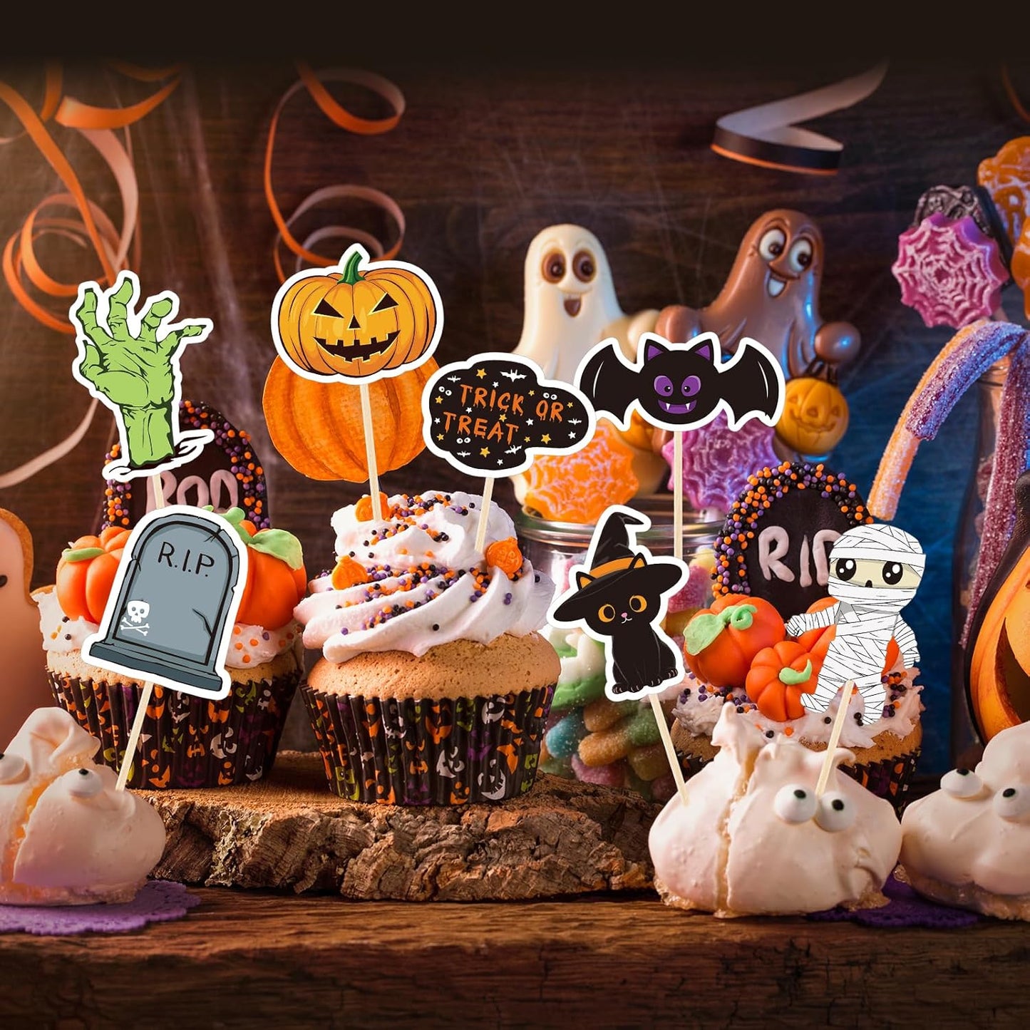 NACHLYNN 70pcs Halloween Cupcake Toppers Spooky Haunted House Night Party Fruit Cake Decoration Favors