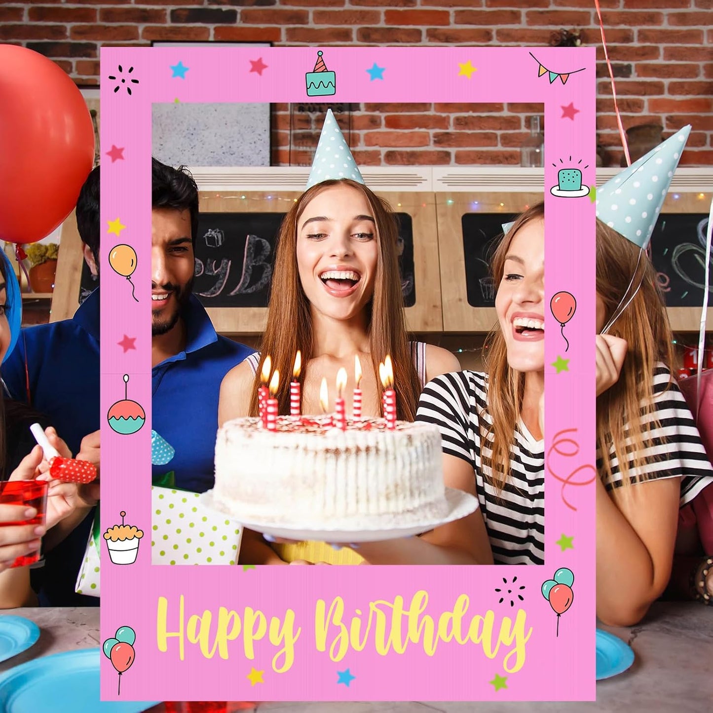 32 x 24 Inch Large Blank DIY Photo Booth Props Picture Frame Party Frame DIY Photo Booth Props Selfie for Birthday, Graduation, Christmas Holiday Party(Pink,Vertical)