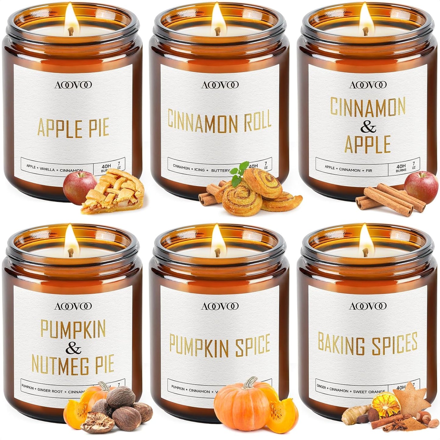 AOOVOO Fall Candles - 6 PC Scented Candle, 42 oz Soy Candles, Soy Candle for Home Scented, Apple Pie/Cinnamon Roll/Cinnamon Apple/Pumpkin Nutmeg Pie/Pumpkin Spice/Baking Spice