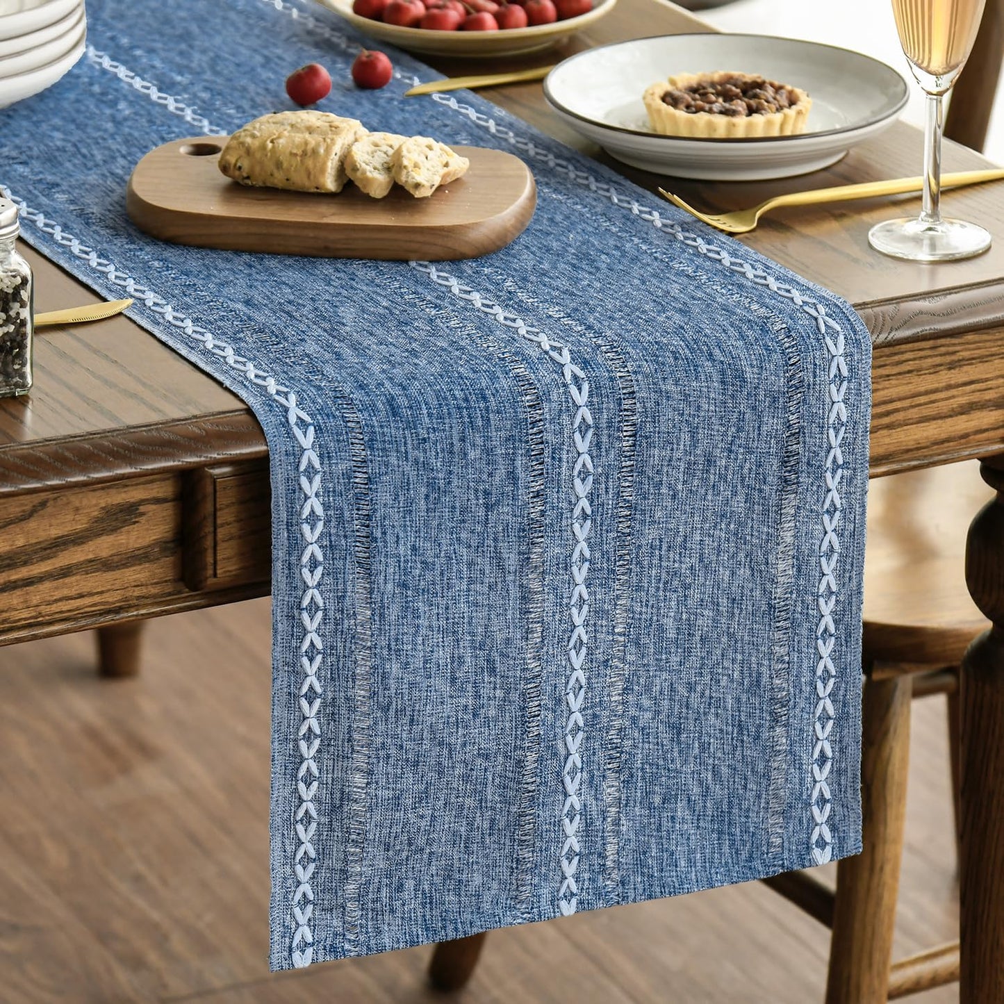 Artoid Mode Blue Rustic Cotton Linen Table Runner, Seasonal Embroidered Hollow Kitchen Dining Table Decoration for Home Party Decor 13x90 Inch