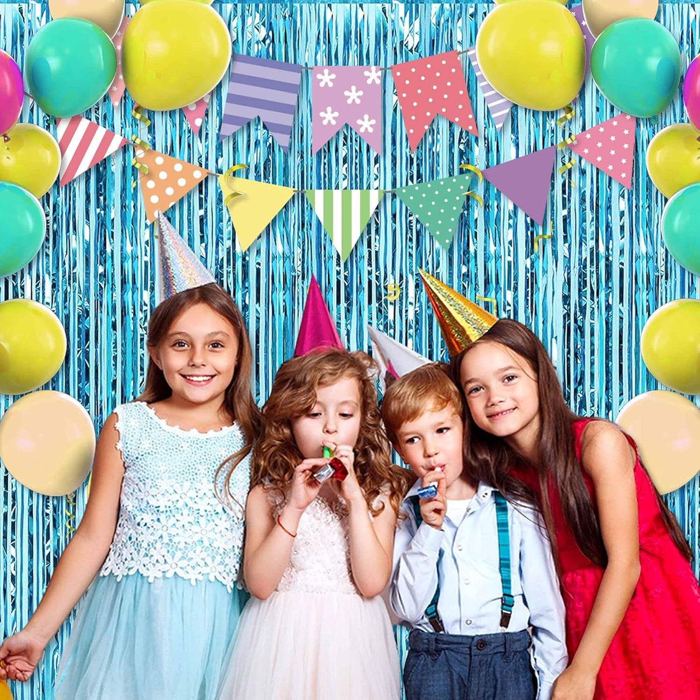 6 Pack Light Blue Foil Fringe Curtains Backdrop, 3.28 x 8.2 Ft Metallic Streamers Tinsel Curtains Background for Photo Booth, Birthday, Weddings, Carnivals, Graduation, Themed Party Decorations