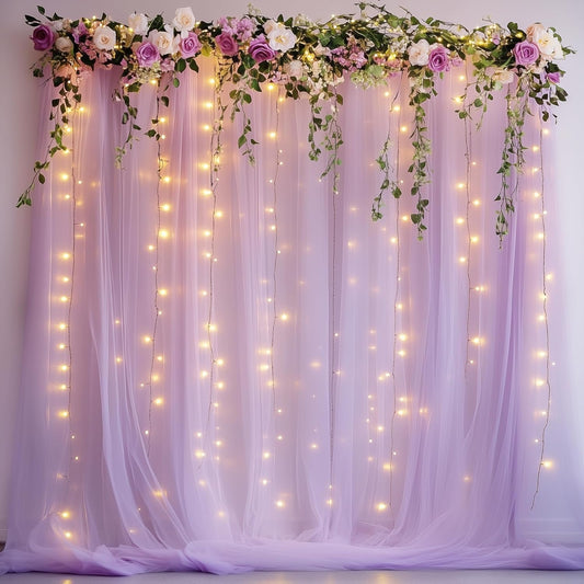 Fomcet Lavender Tulle Backdrop Curtains with Lights String 10FT X 10FT Sheer Curtain with Lights Tulle Curtains Backdrop for Wedding Birthday Party Photo Shoot (2 Panels 5x10FT)
