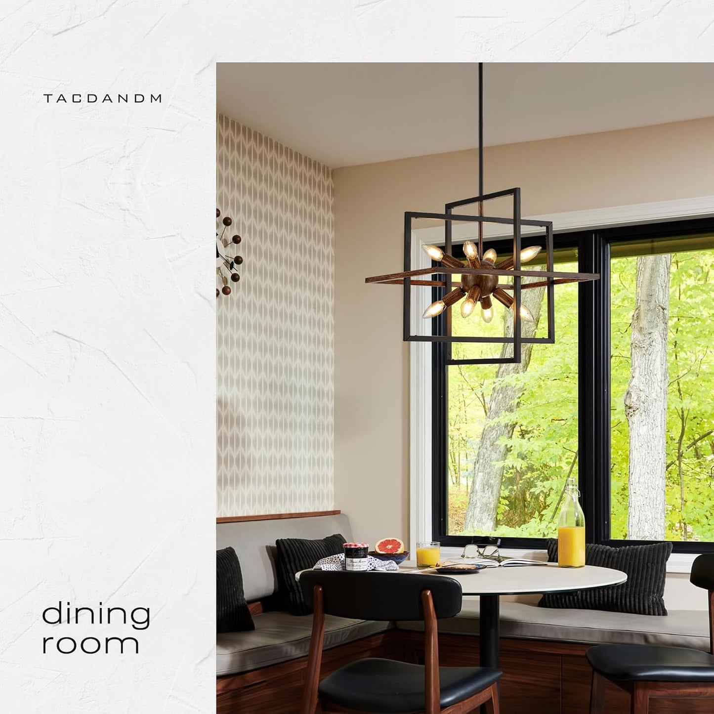 8-Light Wood Grain and Vintage Black Sputnik Chandelier, 18.9'' Industrial Pendant Lighting Fixture for Dining Room