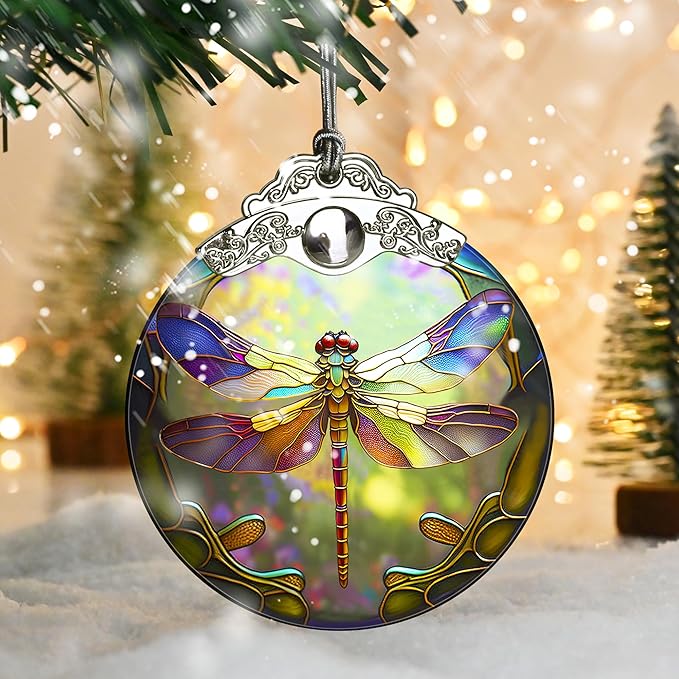 Stained Glass Christmas Ornament, Jocidea Dragonfly Christmas Decorations, Christmas Tree Ornament, Dragonfly Lovers Gifts, Holiday Decor and Xmas Gifts Ideas