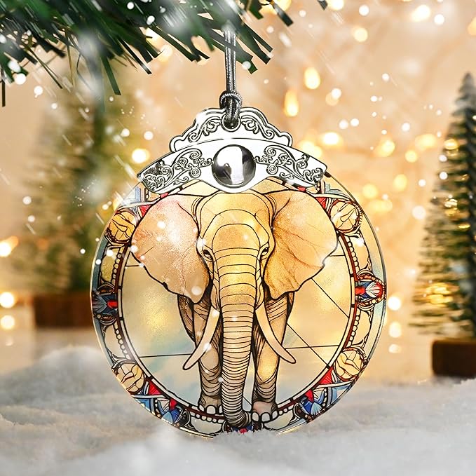 Stained Glass Christmas Ornament, Jocidea Elephant Christmas Decorations, Christmas Tree Ornament, Elephant Lovers Gifts, Holiday Decor and Xmas Gifts Ideas