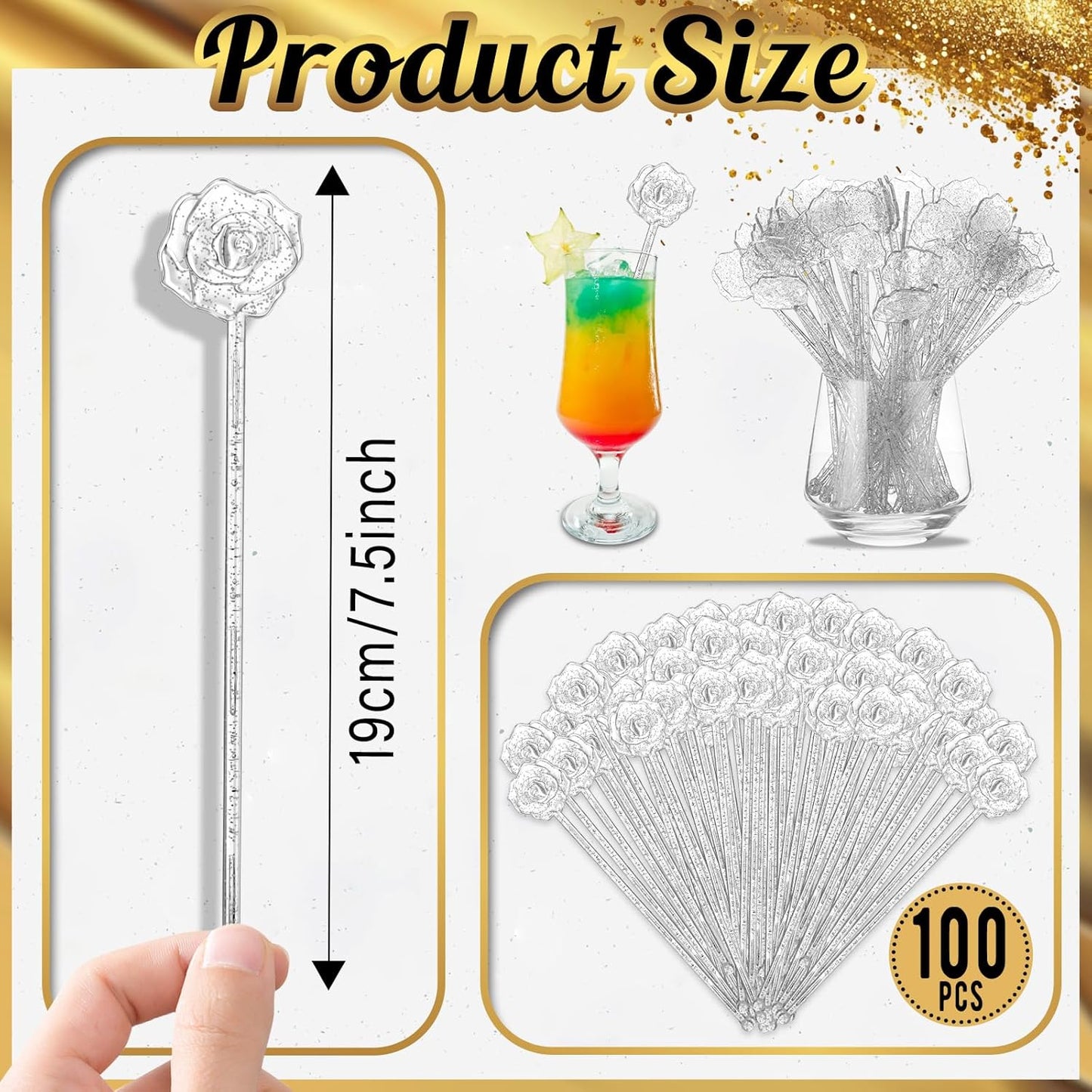 100 Pcs Silver Glitter Drink Stirrers Cocktails Plastic Swizzle Sticks 7.5 Inch Cupcake Pop Sticks Toppers Rose Top Wedding Drink Stirrers for Mixed Drinks Coffee Birthday Wedding Party