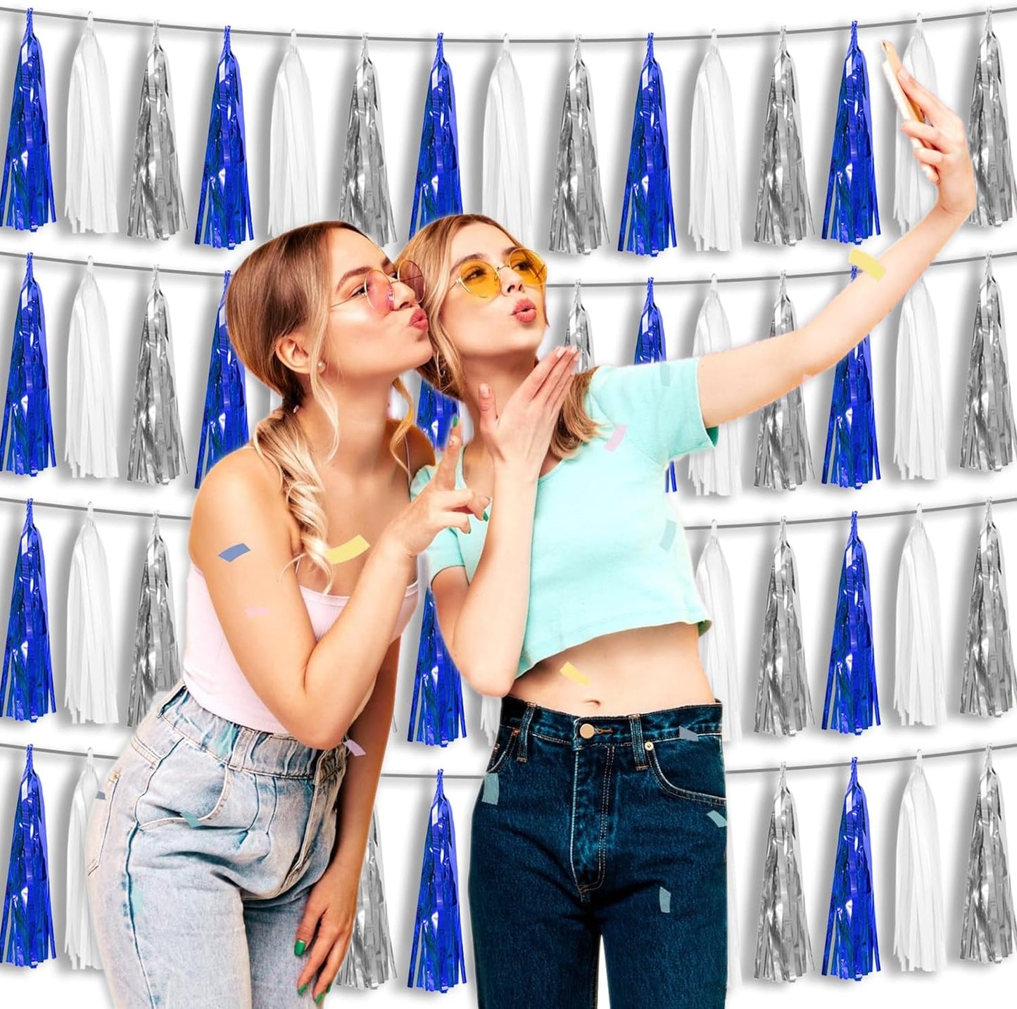 4P Navy Blue White Silver Foil Fringe Tassel Banner Garland Metallic Tinsel Streamers Wall Hanging Curtain Backdrop Banner for Parade Floats, 2024 Graduation Decorations, Retirement Party Decorations