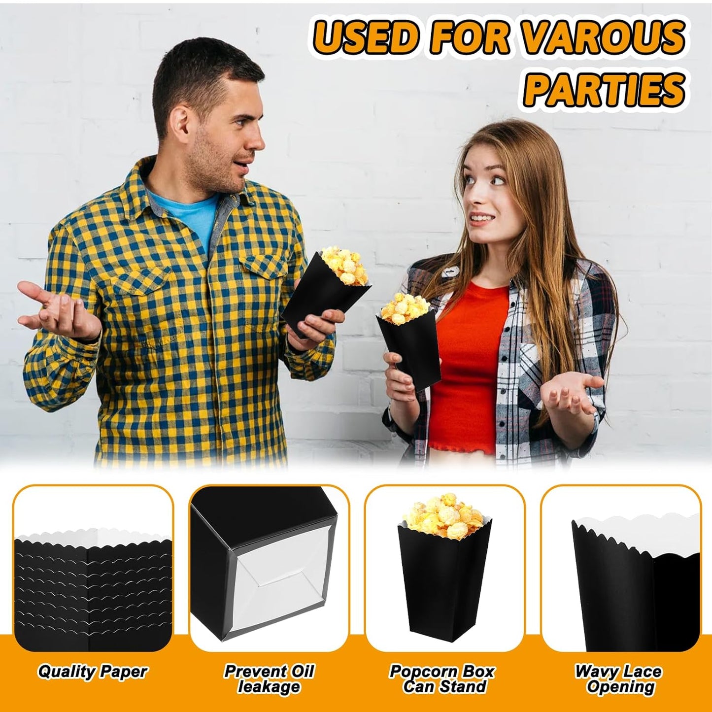 200 Pcs Popcorn Boxes, Mini Paper Popcorn Box, Cardboard Popcorn Container for Party, Disposable Snack Candy Popcorn Bags, Popcorn Holder for Birthday Wedding Decoration, 2 x 4.5 x 2.8 Inch (Black)