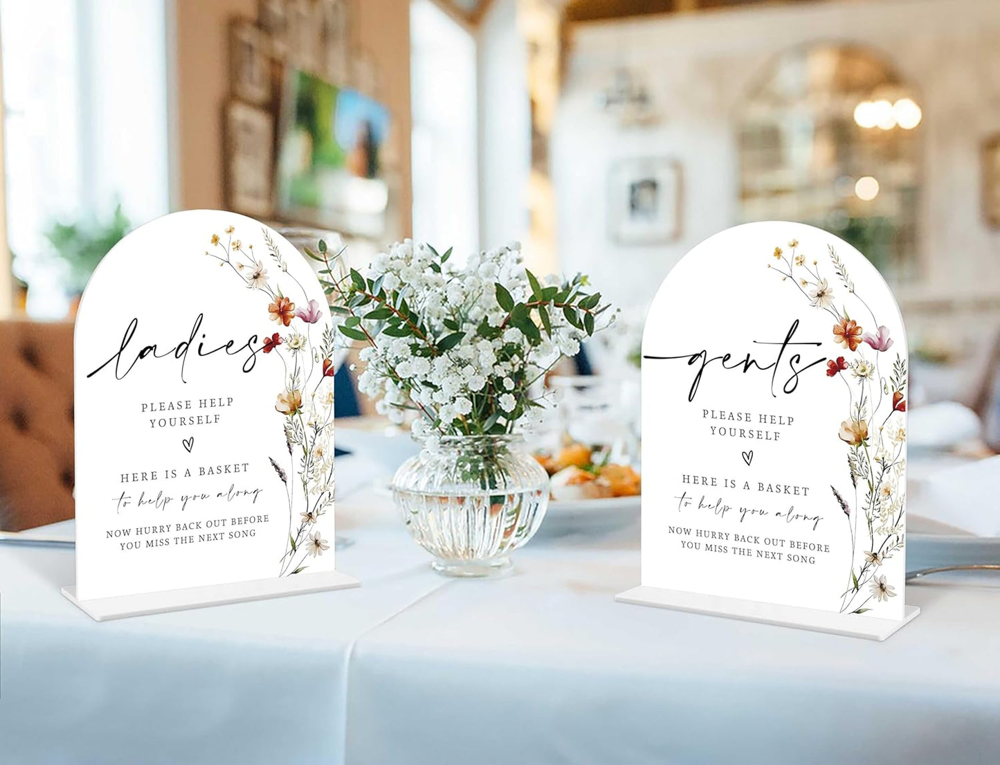 2 Pcs Boho Floral Wedding Bathroom Ladies & Gents Signs, 6 x 8 Inch White Arch Acrylic Wedding Sign with Holder, Wedding Sign for Ceremony and Reception, Wedding Decoration, Wedding Supplies - BX32