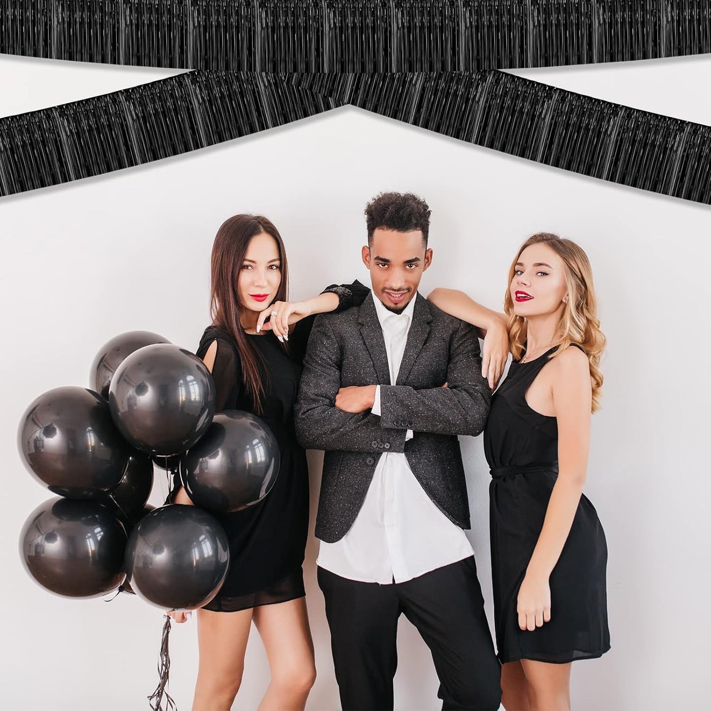 10 Pack 10 Feet Foil Fringe Garland Metallic Tinsel Streamers Banner Wall Hanging Curtain Backdrop for Parade Floats, Bachelorette, Wedding, Birthday, Halloween, Christmas Party Decorations(Black)