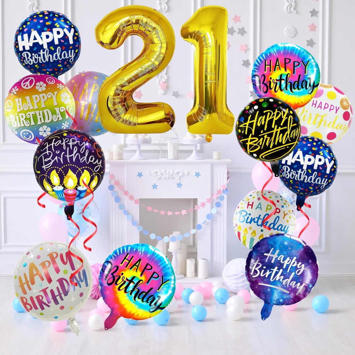 50 Pcs Happy Birthday Party Aluminum Foil Balloons and 21th Birthday Balloons, 18 Inch Round Aluminum Foil Balloon with" Happy Birthday" Sign, Birthday Party Decorations for Boys/Girls (Yellow, 21)