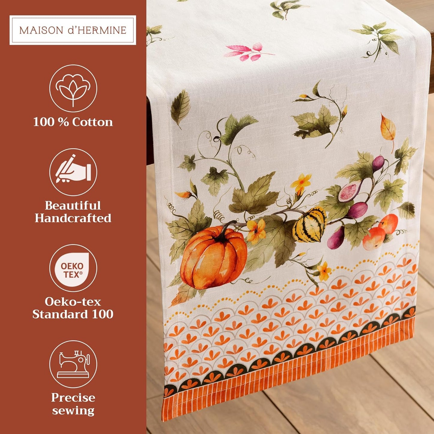 Maison d' Hermine Table Runner 100% Cotton Single Layer Table Runners 108 inches Long for Thanksgiving Christmas Decorations Home Kitchen Dining Wedding (Pumpkin Garden - Cloudy Cream, 14.5" x 108")