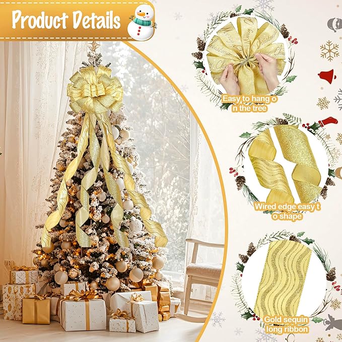 Dayker Christmas Tree Topper Bow, 51x13 Inches Handmade Gold Wreath Bows, Large Ribbon Ornaments with Wired Edge, Xmas Long Streamers Bowknot for Birthday Wedding Party Home Door Porch Decor