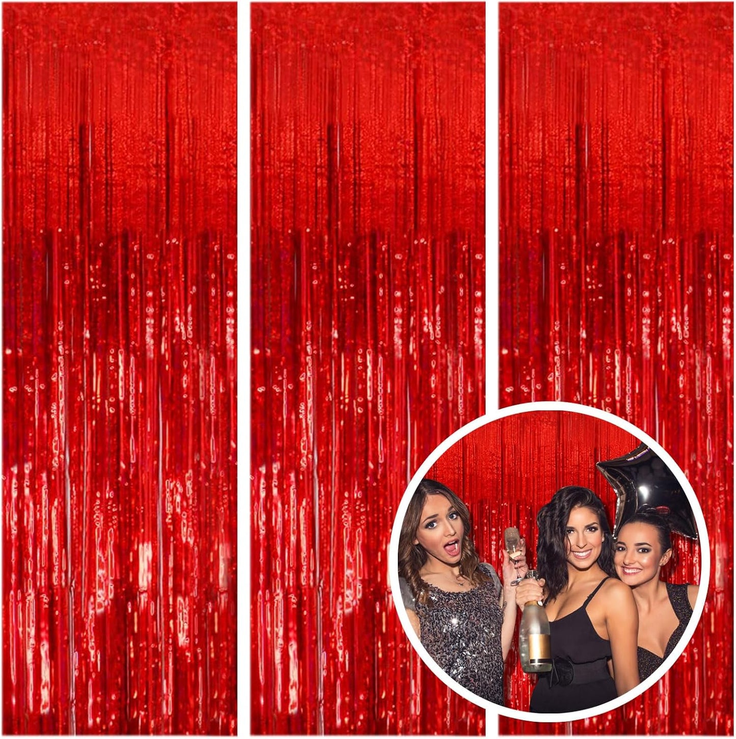 3 Pack Red Party Backdrop Tinsel Streamers Christmas Decorations Foil Fringe Backdrop Curtains Carnival Casino Theme Birthday New Year Holiday Celebration Bachelorette Party Decorations Supplies