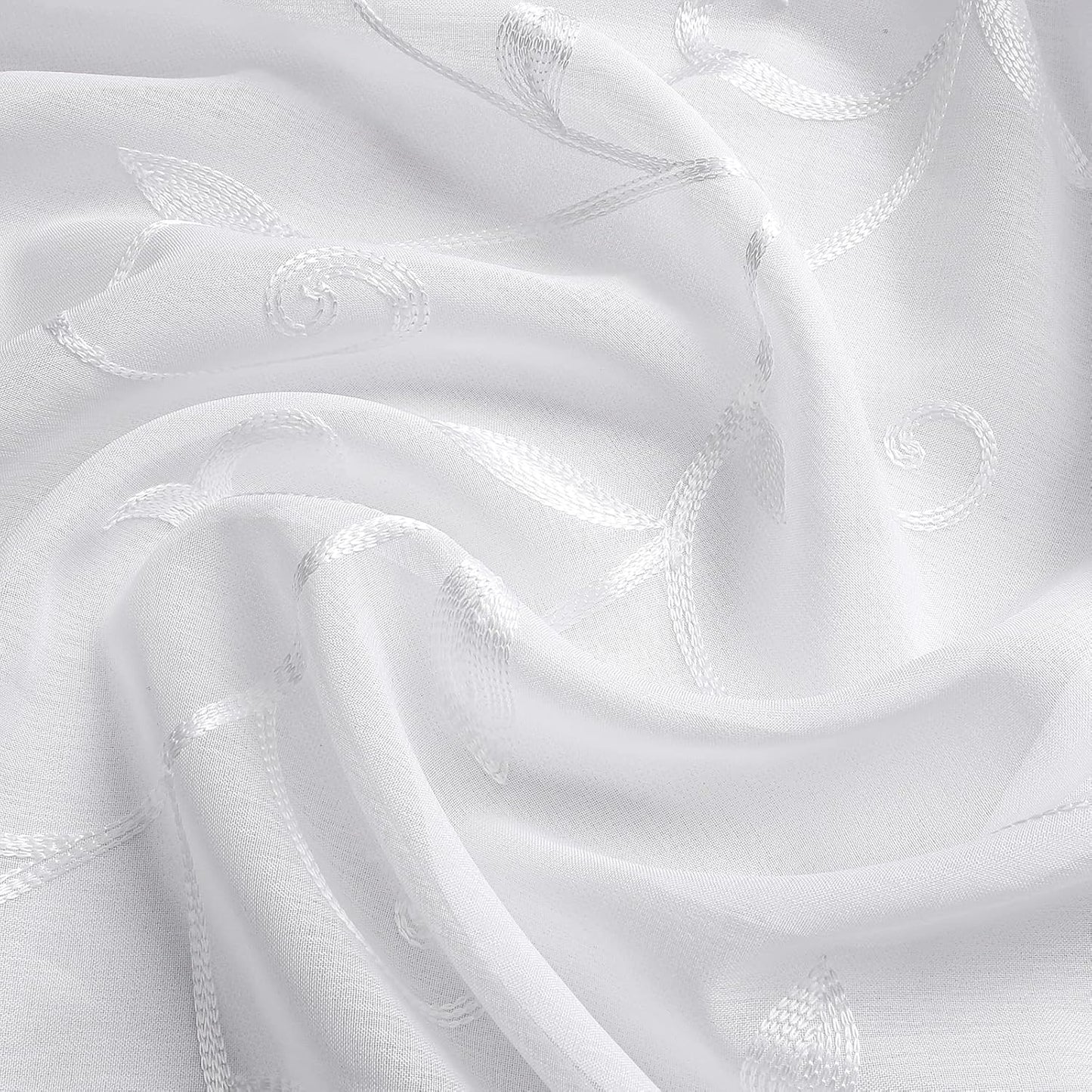 VISIONTEX White Leaves Sheer Voile Curtains, Decorative Embroidery Rod Pocket Window Drapes for Home Living Room and Bedroom 54 x 63 Inch, Set of 2 Curtain Panels