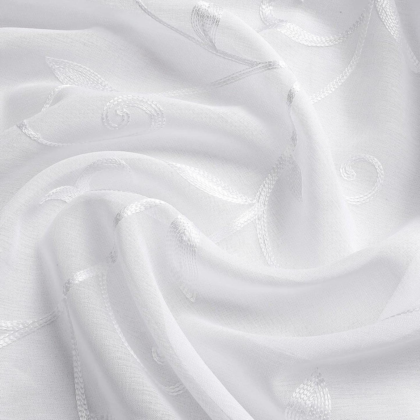 VISIONTEX White Leaves Sheer Voile Curtains, Decorative Embroidery Rod Pocket Window Drapes for Home Living Room and Bedroom 54 x 84 Inch, Set of 2 Curtain Panels