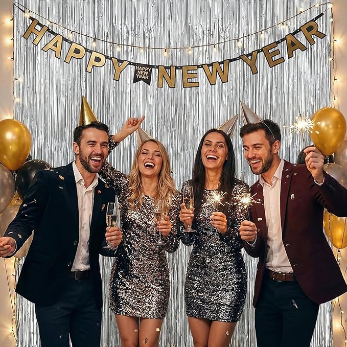 KatchOn, XtraLarge Silver Foil Fringe Curtain - 3.2x8 Ft, Pack of 2 | Streamers Backdrop for Disco Party Decorations | Silver Fringe Backdrop for Valentines, Anniversary, Disco Birthday Decorations