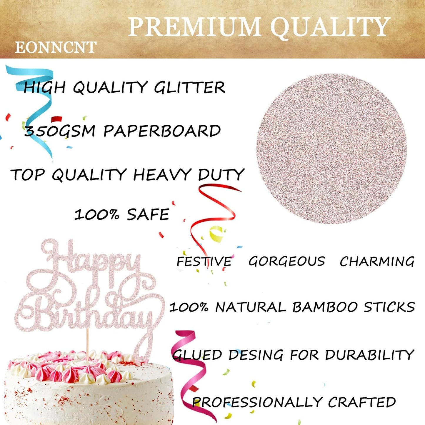 Happy Birthday Cake Topper - Rose Gold Glitter Birthday Party Cake Decoration Supplies - Happy Birthday Cake Decor, for Anniversary/Birthday Party Supplies Photo Booth Props