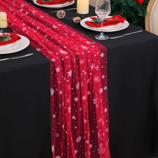 Snowkingdom Red Christmas Table Runner, Red and White Snowflakes Cheesecloth Table Runner, Chiffon Gauze Seasonal Winter Kitchen Dining Decorations for New Year Home Party Decor 120 Inch