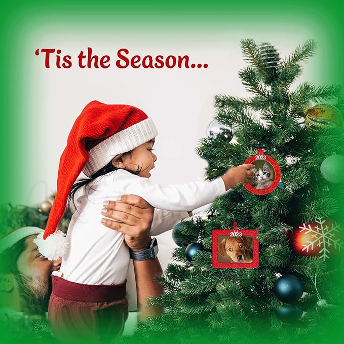 2025 Photo Ornaments for Christmas Tree, Sparkly Glitter Christmas Frame Ornament, Easy-Load Magnetic Design, Includes Satin Ribbon, Silver Charm & Photo Protector, Vertical, Silver