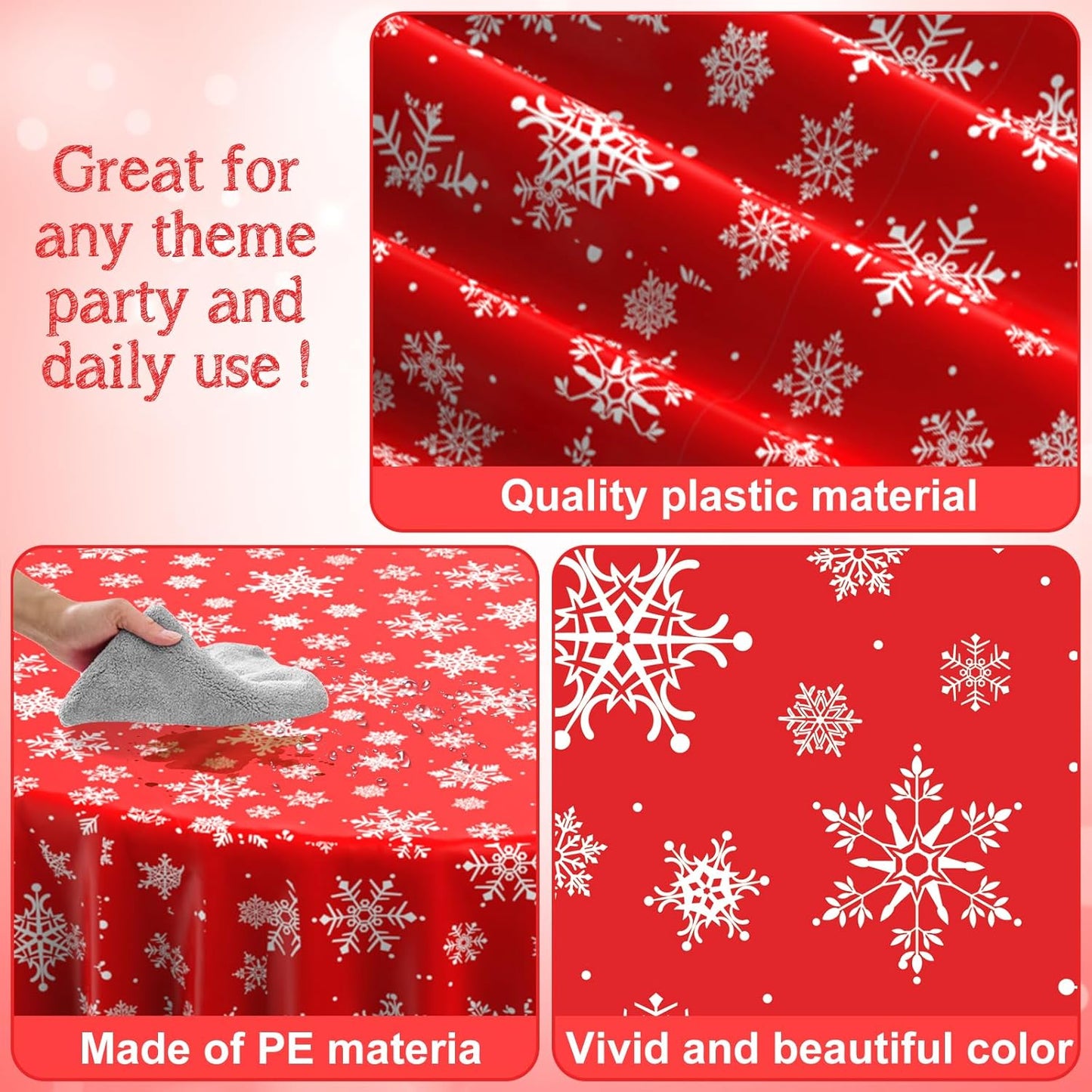 3 Pieces Christmas Snowflake Plastic Party Tablecloth Decorations, Disposable White Snowflake Red Xmas Round Table Cover Backdrop for Winter Christmas Holiday New Year Party Supplies,84 inch (Red)