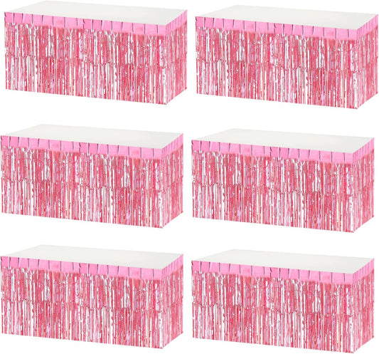 6 Pack 29x108 Inch Metallic Foil Fringe Tinsel Table Skirts Banner for Rectangle Tables Streamer Garland Curtains Backdrop for Wedding, Birthday, Parade Floats, Valentine's Day Party Decoration(Pink)