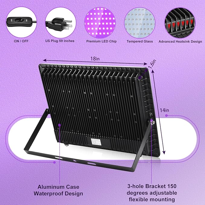 2 Pack 900W LED Black Lights Outdoor, 395nm to 410nm Big Flood Blacklight with Plug,IP66 Waterproof for Glow in The Dark, Dance Party,Neon Glow,Stage Lighting, Body Paint,Fluorescent Poster