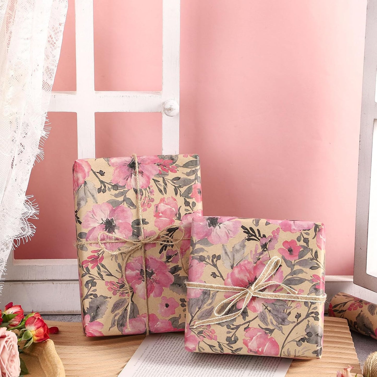 RUSPEPA Pink Wrapping Paper Roll, 17 in x 16.4 ft, Mini Roll, Floral Wrapping Paper, Kraft Gift Flower Paper for Women, Girls, Spring, Summer, Wedding and Engagement