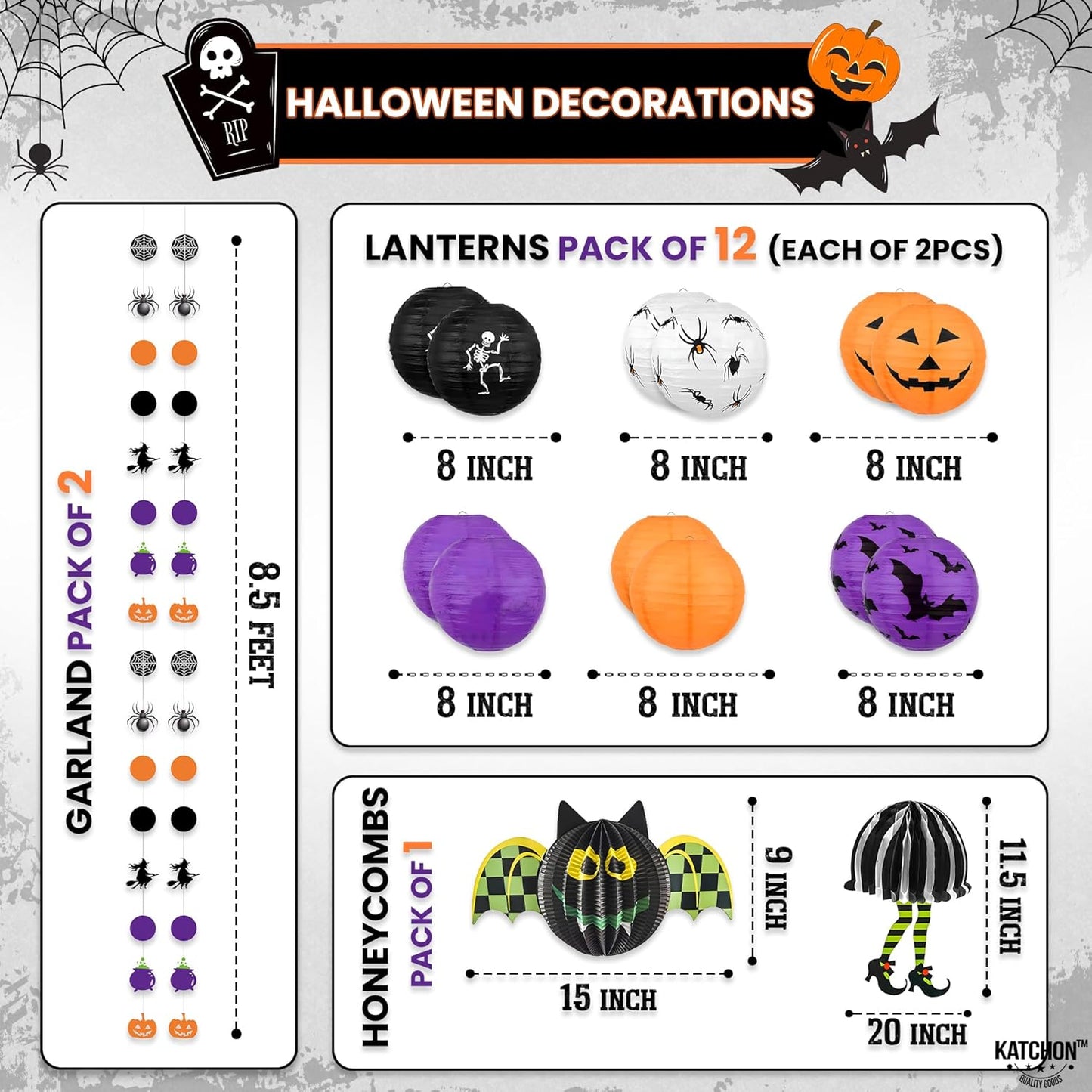 KatchOn, Halloween Hanging Paper Lanterns Set - Pack of 15 | Halloween Paper Lanterns, Halloween Honeycomb Decorations for Halloween Decorations | Halloween Garland for Halloween Party Decorations