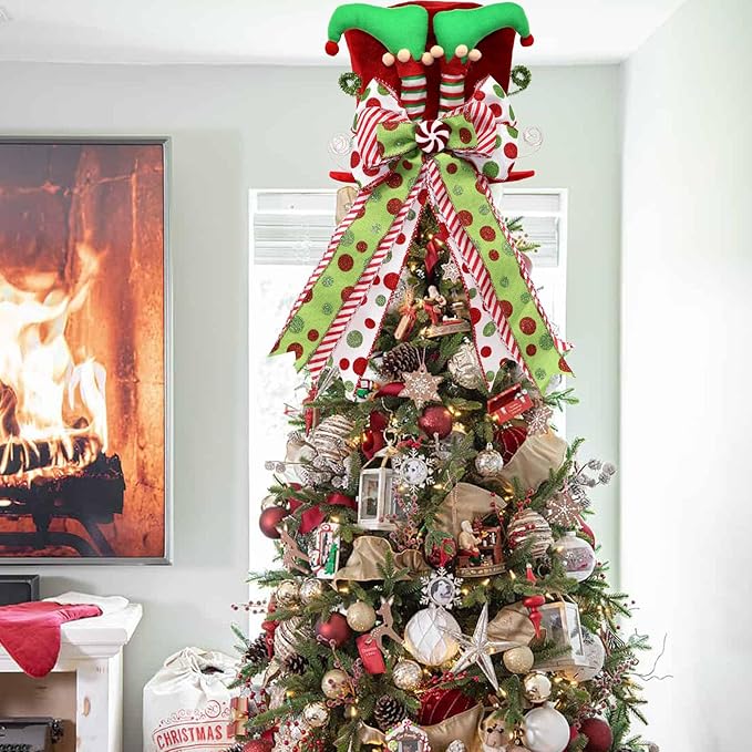 Christmas Tree Topper Hat with Bow, Velvet Top Hat Ornament with Elf Legs and Red & Green Wired Bows, Winter Holidays Xmas Decor for Home Decoration (Red)
