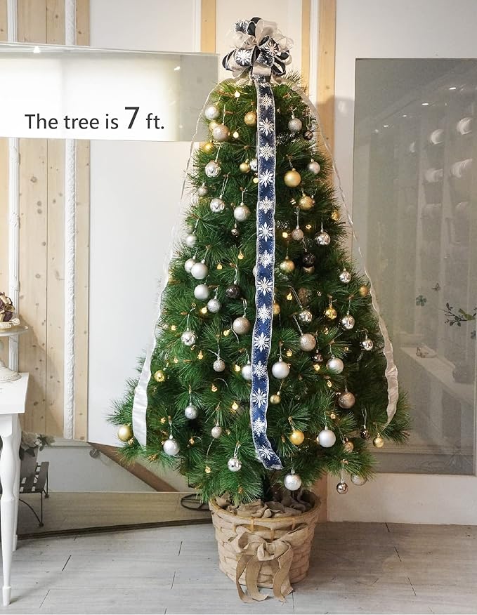 CT CRAFT LLC Blue Snowflake Christmas Tree Topper Bow 11" with 4 Ribbon Streamers x 3 Yards Long Each for Holidy Elegant Fancy Home Décor Indoor
