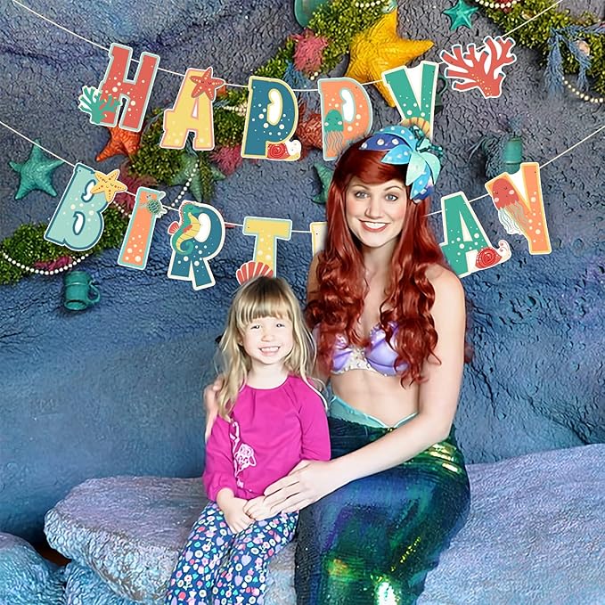 SUNBEAUTY Happy Birthday Banner Sea Animal Birthday Decorations Sea Shells Ocean Theme Party Supplies for Baby Shower | Pre-Strung