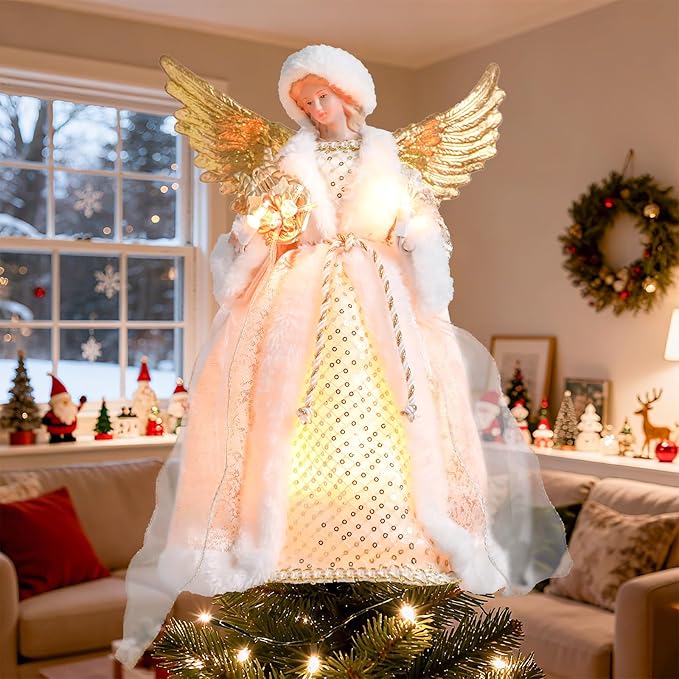 Angel Christmas Tree Topper with Lights, 12 Inch Lighted Angel Xmas Tree Toppers Decoration, Luxury White Fabric Angel Figurine Ornament for Christmas Tree Holiday Party Indoor Decor