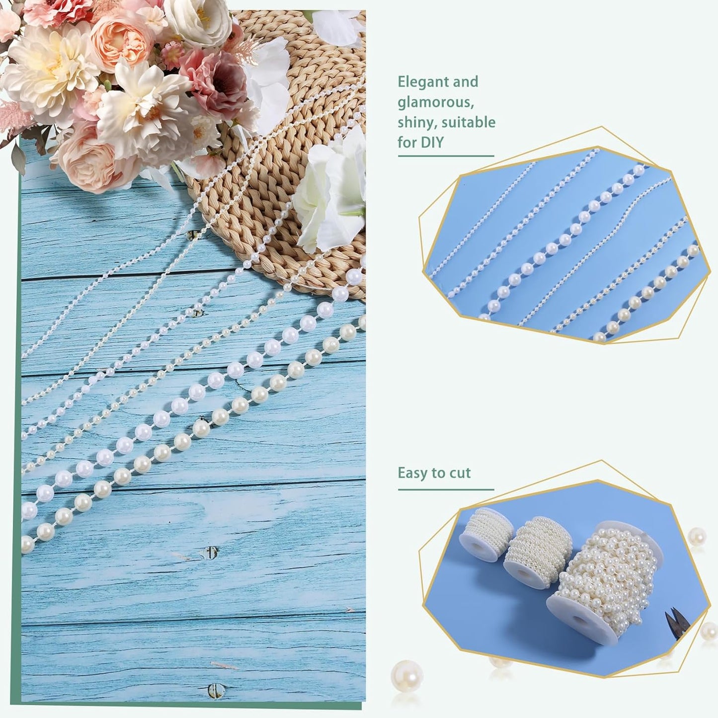 Pearls String Beads 33 Feet Crafts Faux Pearl Roll for Christmas Garland Flowers Wedding Party Jewelry Decoration(3mm Ivory)