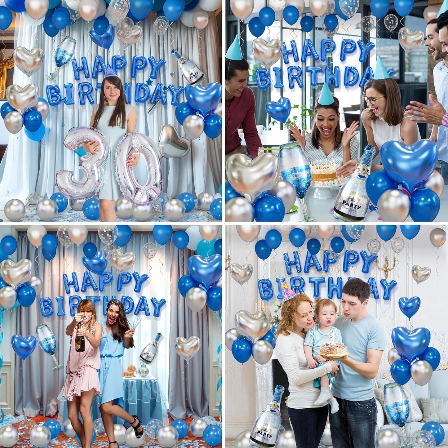 Blue Happy Birthday Decorations for Men Blue and Silver Biirthday Balloon Letters Banner with Heart-Shaped Champagne Bottle Wine Glass Balloons Rose Petals for Room Birthday Party Decor