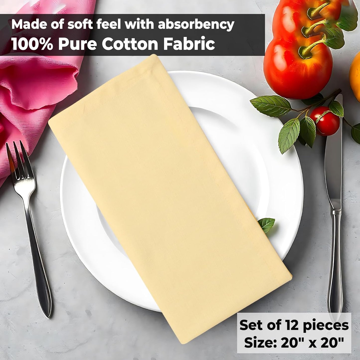 Urban Villa Fall Cloth Napkins 100% Cotton Slub Absorbent Dinner Napkins (Set of 12) Oversized 20x20 Inches Solid Yellow Color Soft Durable Reusable Washable Ideal for Everyday Use Wedding Parties