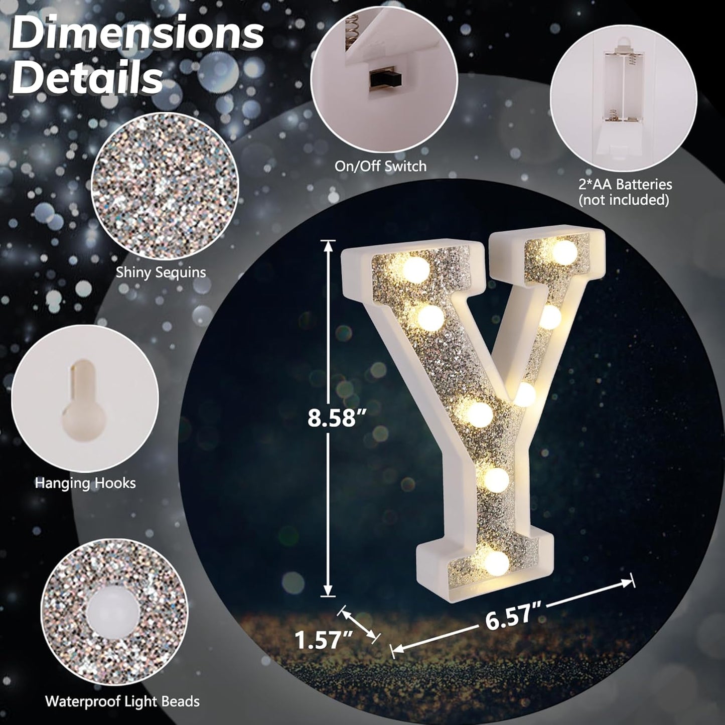 Marquee Light Up Letters, Glitter Silver LED Letter Lights Battery Powered Alphabet Letter Sign for Night Light Wedding Birthday Party Cafe Bar Decoration Girls Room Decor - Y