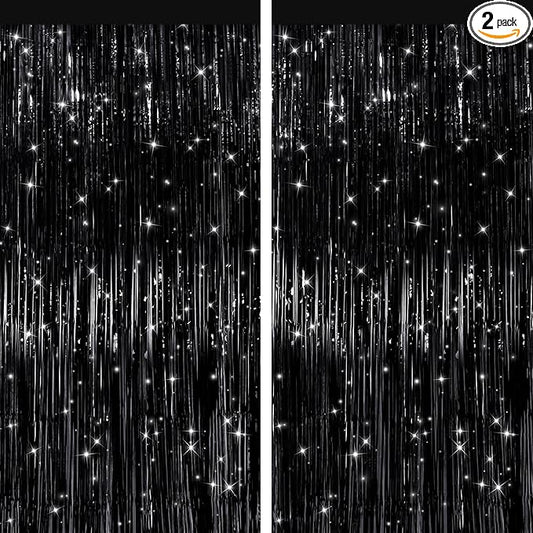 2 Pack Black Metallic Tinsel Foil Fringe Curtains, Door Streamers Photo Booth Backdrop for Birthday Party, Tinsel Curtain Backdrop for Baby Shower Bachelorette Christmas Party Decorations