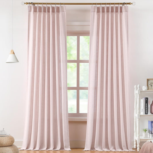 Vision Home Soft Pink Pinch Pleated Semi Sheer Curtains Textured Linen Blended Light Filtering Window Curtains 102 inch for Living Room Bedroom Pinch Pleat Drapes with Hooks 2 Panels 40" Wx102 L