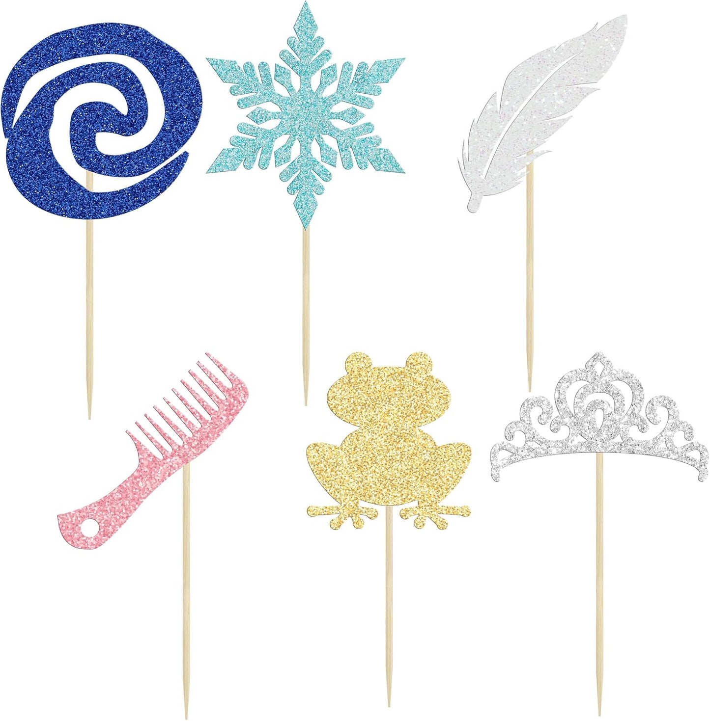 Gyufise 24Pcs Princess Symbol Cupcake Toppers Crown Frog Feather Comb Snowflake Cupcake Pick Decorations for Princess Theme Baby Shower Kids Birthday Party Supplies